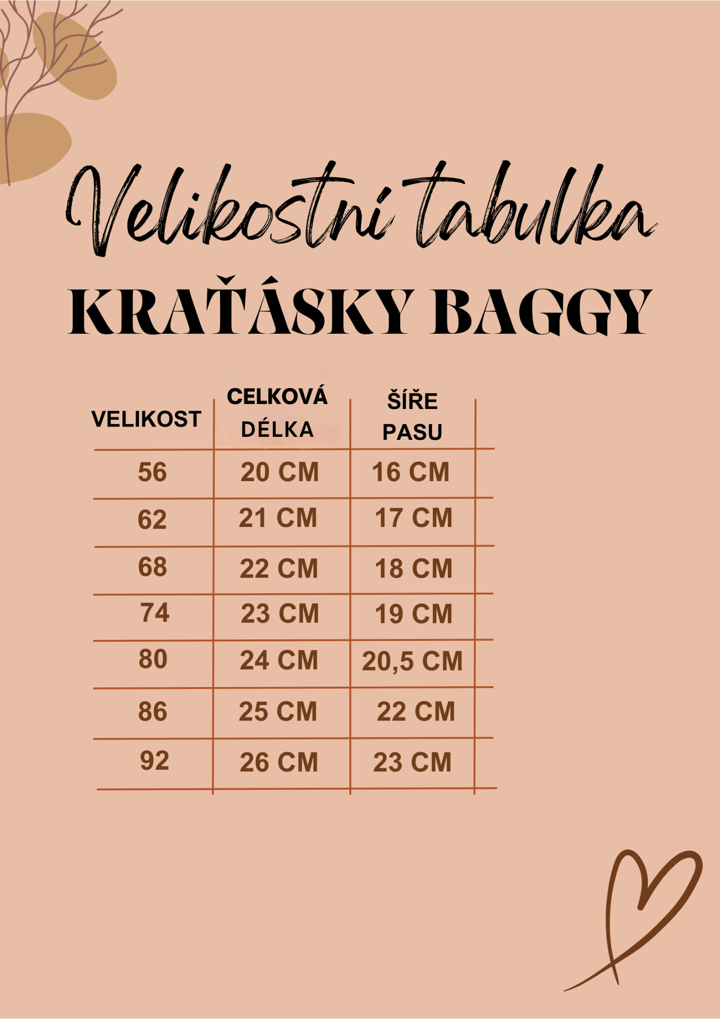 Tabulka velikostí BAGGY KRAŤÁSKY